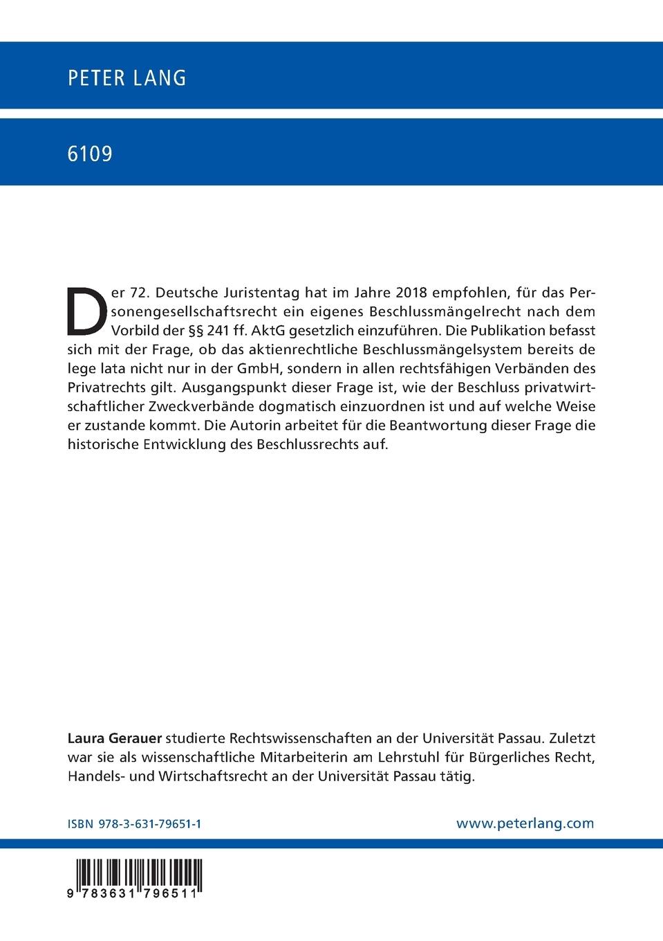 Rückseite: 9783631796511 | Die Dogmatik des Gesellschafterbeschlusses | Laura Gerauer | Buch
