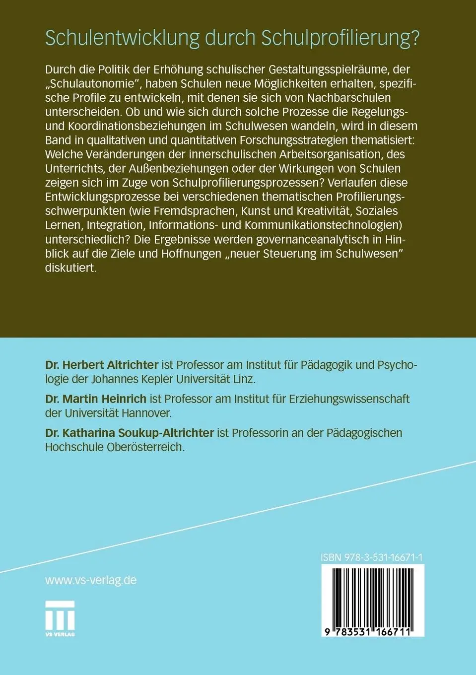 Rückseite: 9783531166711 | Schulentwicklung durch Schulprofilierung? | Herbert Altrichter (u. a.)