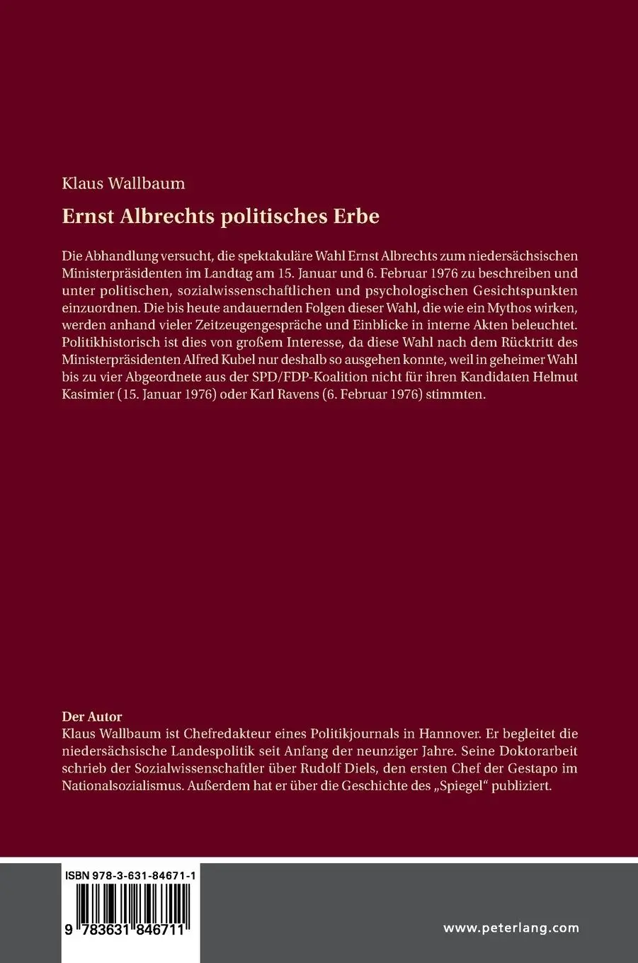 Rückseite: 9783631846711 | Ernst Albrechts politisches Erbe | Klaus Wallbaum | Buch | Deutsch