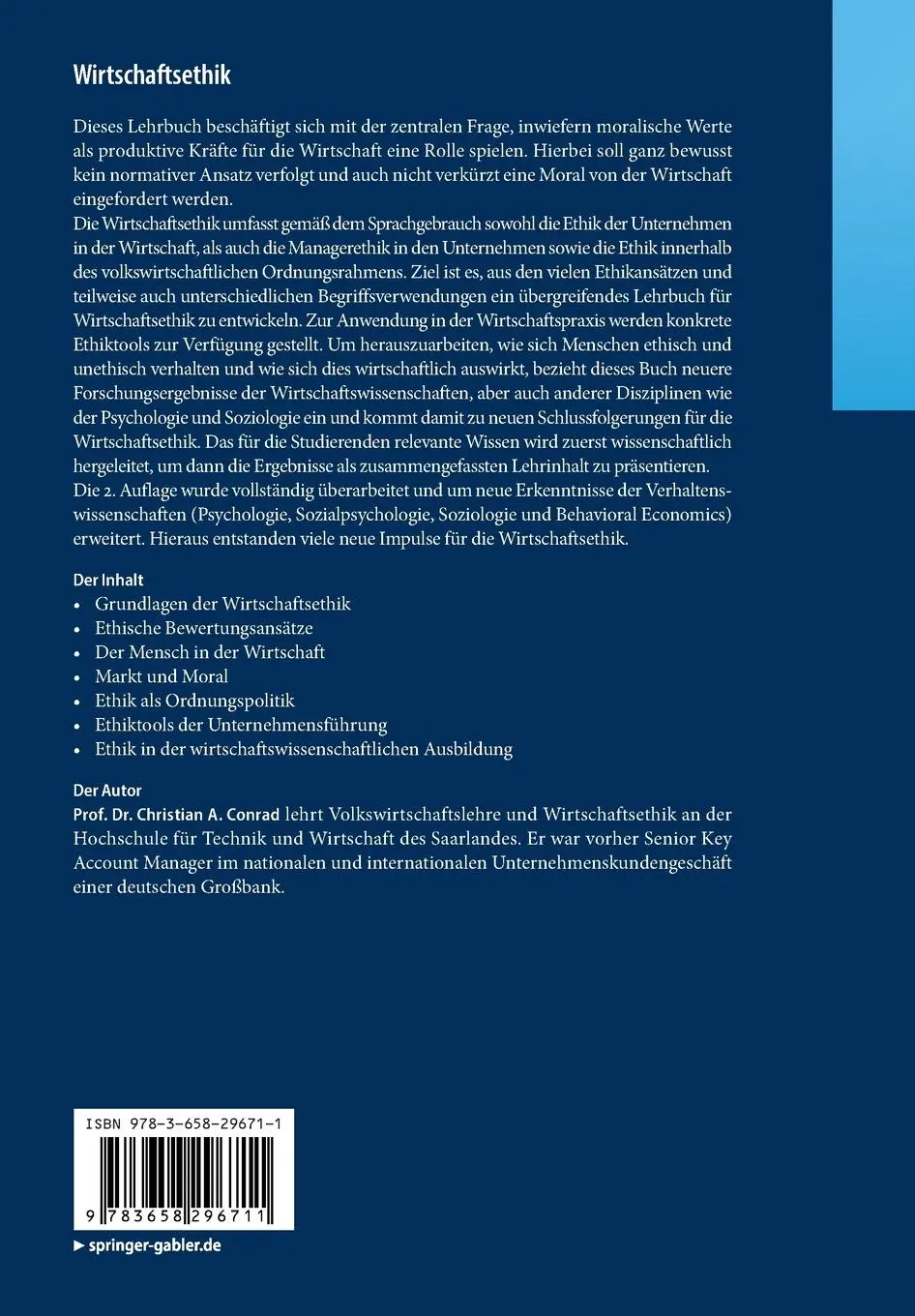 Rückseite: 9783658296711 | Wirtschaftsethik | Eine Voraussetzung für Produktivität | Conrad | xii