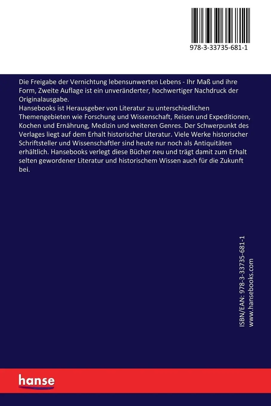 Rückseite: 9783337356811 | Die Freigabe der Vernichtung lebensunwerten Lebens | Hoche (u. a.)
