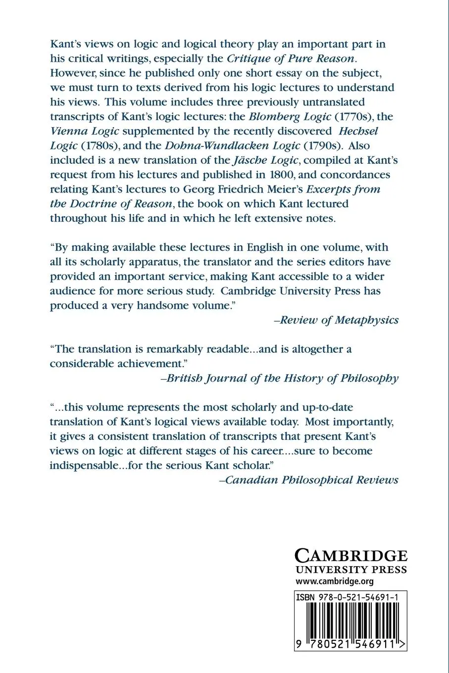 Rückseite: 9780521546911 | Lectures on Logic | Immanuel Kant | Taschenbuch | Englisch | 2009