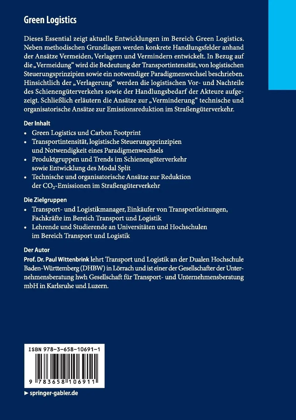 Rückseite: 9783658106911 | Green Logistics | Paul Wittenbrink | Taschenbuch | xiii | Deutsch