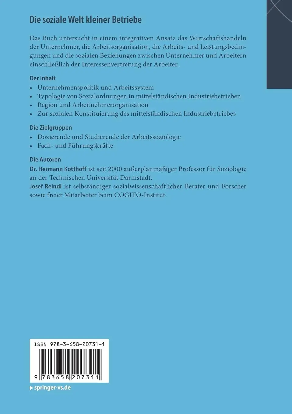 Rückseite: 9783658207311 | Die soziale Welt kleiner Betriebe | Josef Reindl (u. a.) | Taschenbuch