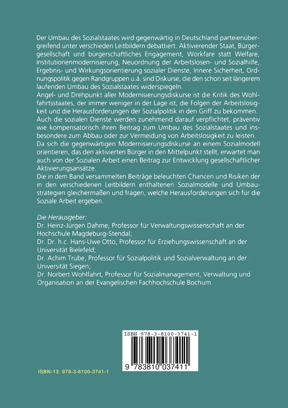 Rückseite: 9783810037411 | Soziale Arbeit für den aktivierenden Staat | Dahme (u. a.) | Buch