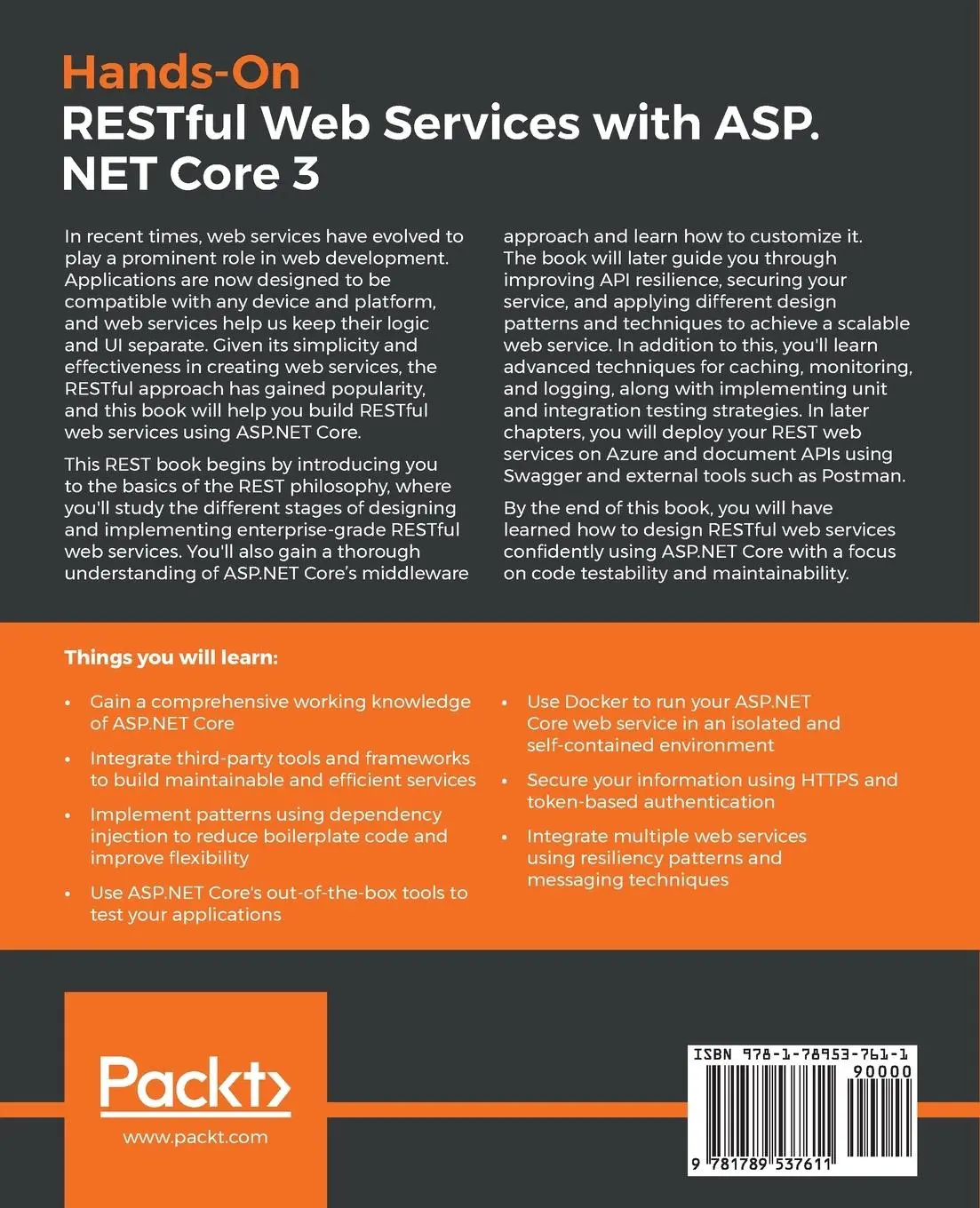 Rückseite: 9781789537611 | Hands-On RESTful Web Services with ASP.NET Core | Samuele Resca | Buch