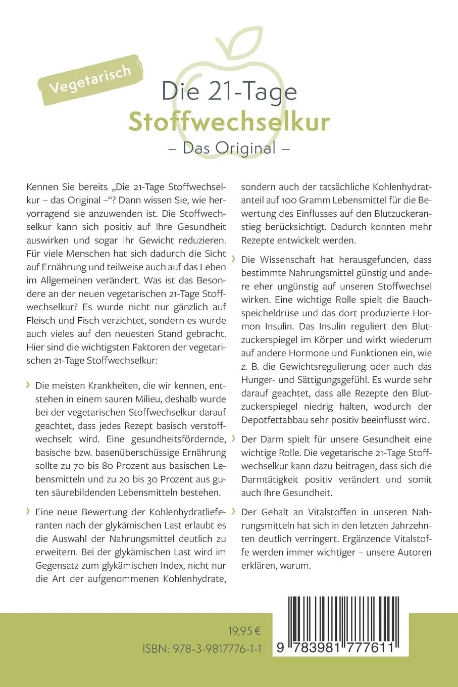 Rückseite: 9783981777611 | Die vegetarische 21-Tage Stoffwechselkur -Das Original- | Taschenbuch