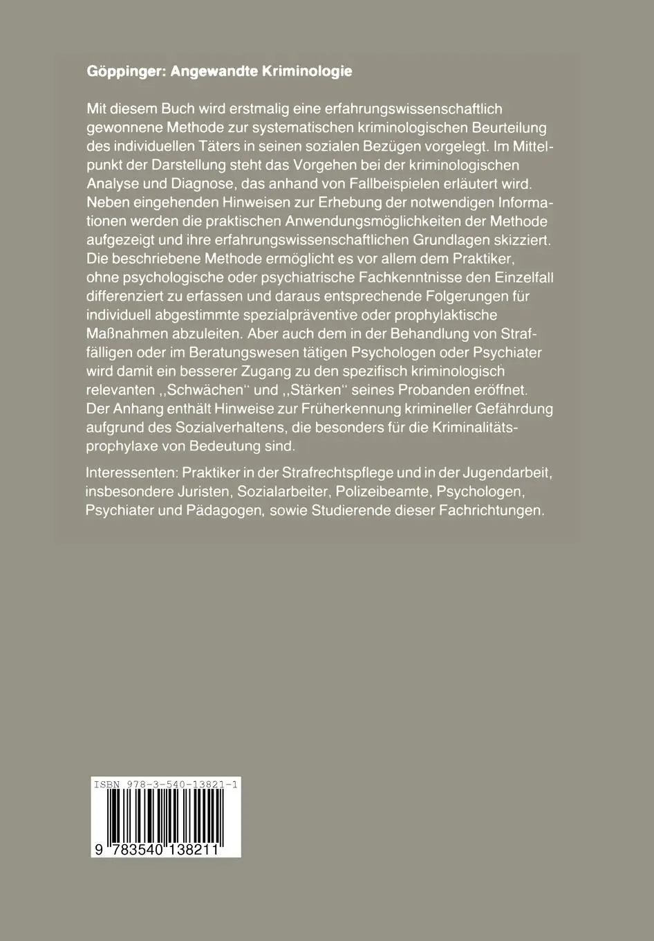 Rückseite: 9783540138211 | Angewandte Kriminologie | Ein Leitfaden für die Praxis | H. Göppinger
