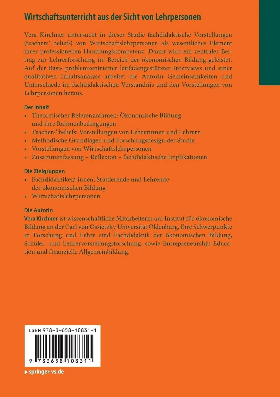 Rückseite: 9783658108311 | Wirtschaftsunterricht aus der Sicht von Lehrpersonen | Vera Kirchner