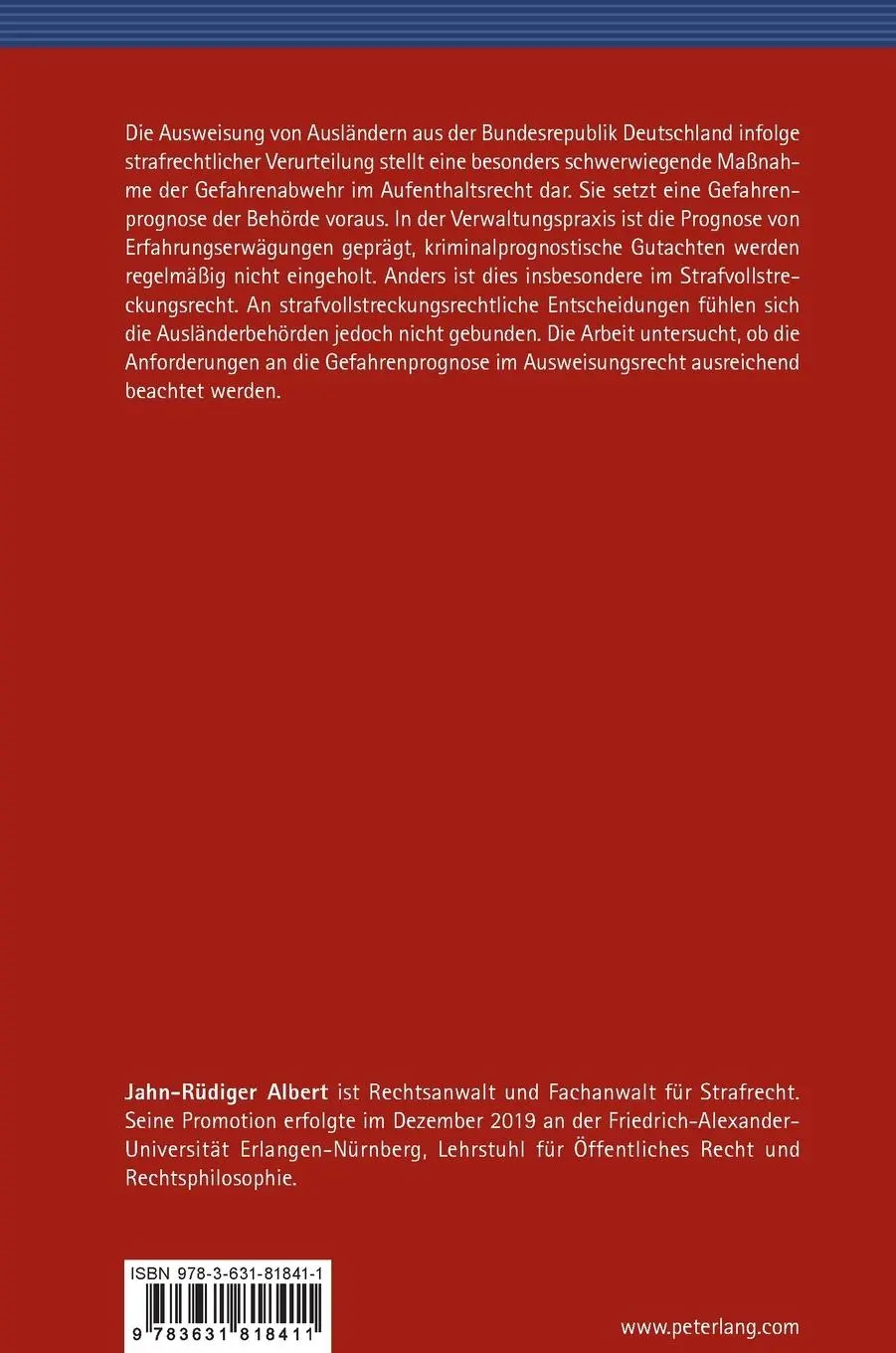 Rückseite: 9783631818411 | Gefahrenprognose im Ausweisungsrecht nach strafrechtlicher...