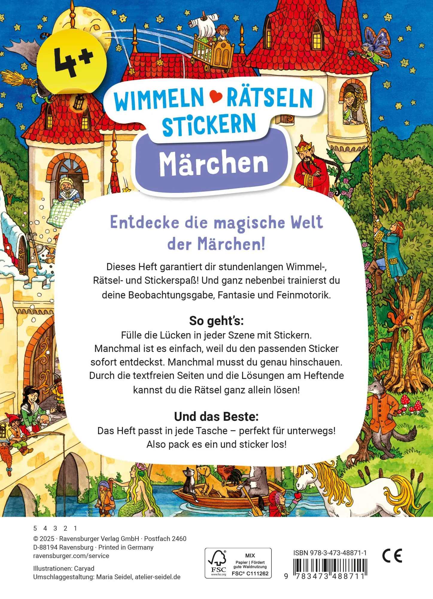 Rückseite: 9783473488711 | Wimmeln, Rätseln, Stickern: Märchen | Caryad | Broschüre | 32 S.