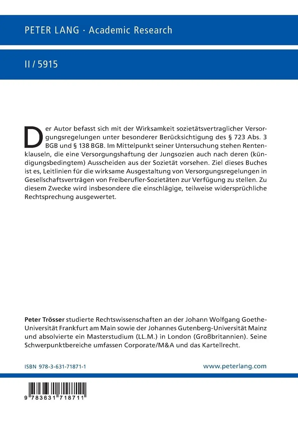 Rückseite: 9783631718711 | Die Wirksamkeit sozietätsvertraglicher Versorgungsregelungen unter...