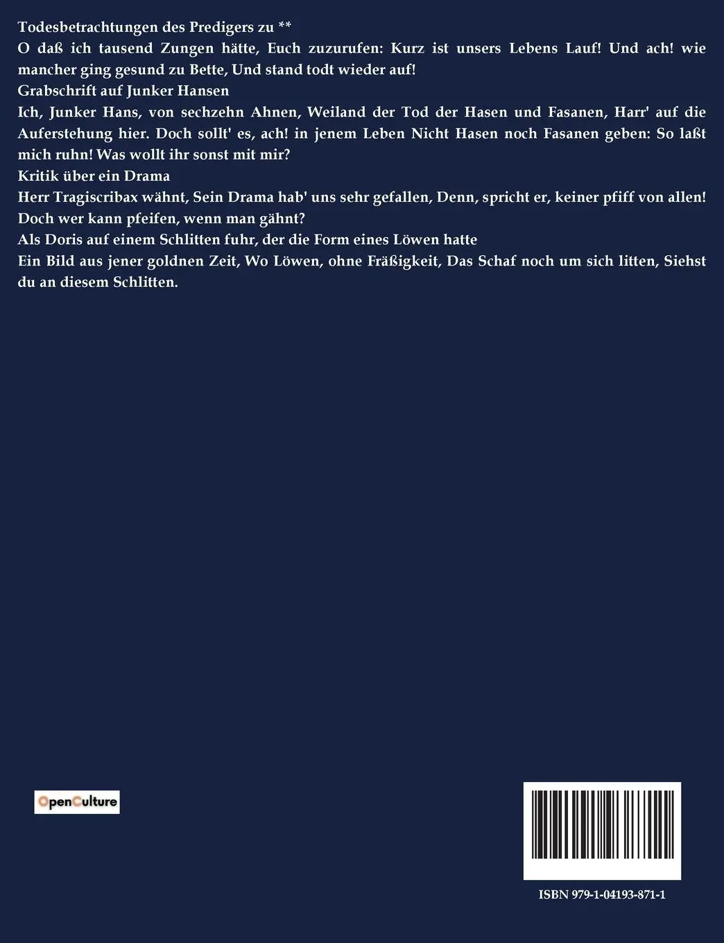 Rückseite: 9791041938711 | Sinngedichte | Leopold Friedrich Günther von Goeckingk | Taschenbuch