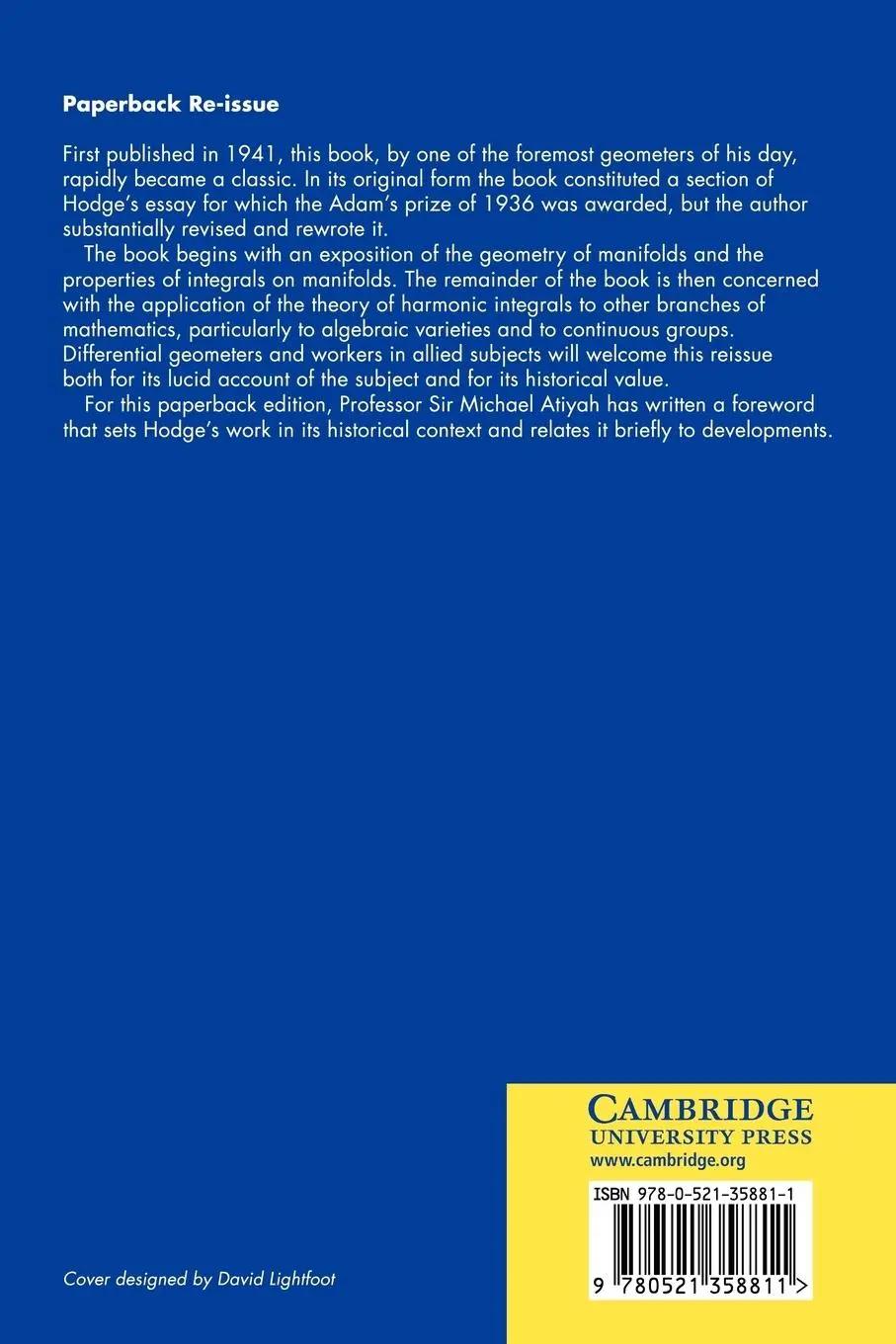 Rückseite: 9780521358811 | The Theory and Applications of Harmonic Integrals | W. V. D. Hodge