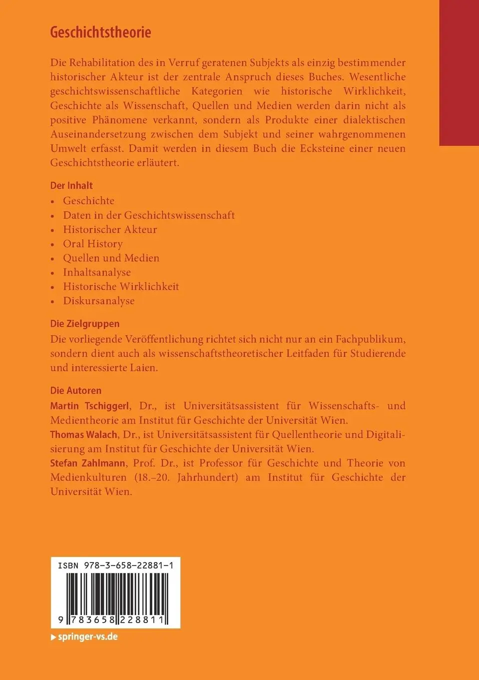 Rückseite: 9783658228811 | Geschichtstheorie | Martin Tschiggerl (u. a.) | Taschenbuch | viii
