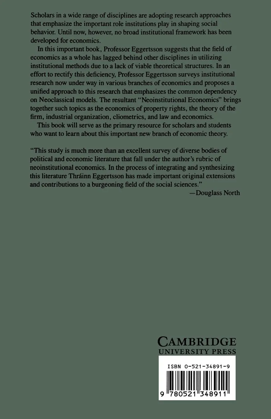 Rückseite: 9780521348911 | Economic Behavior and Institutions | Thrainn Eggertsson (u. a.) | Buch