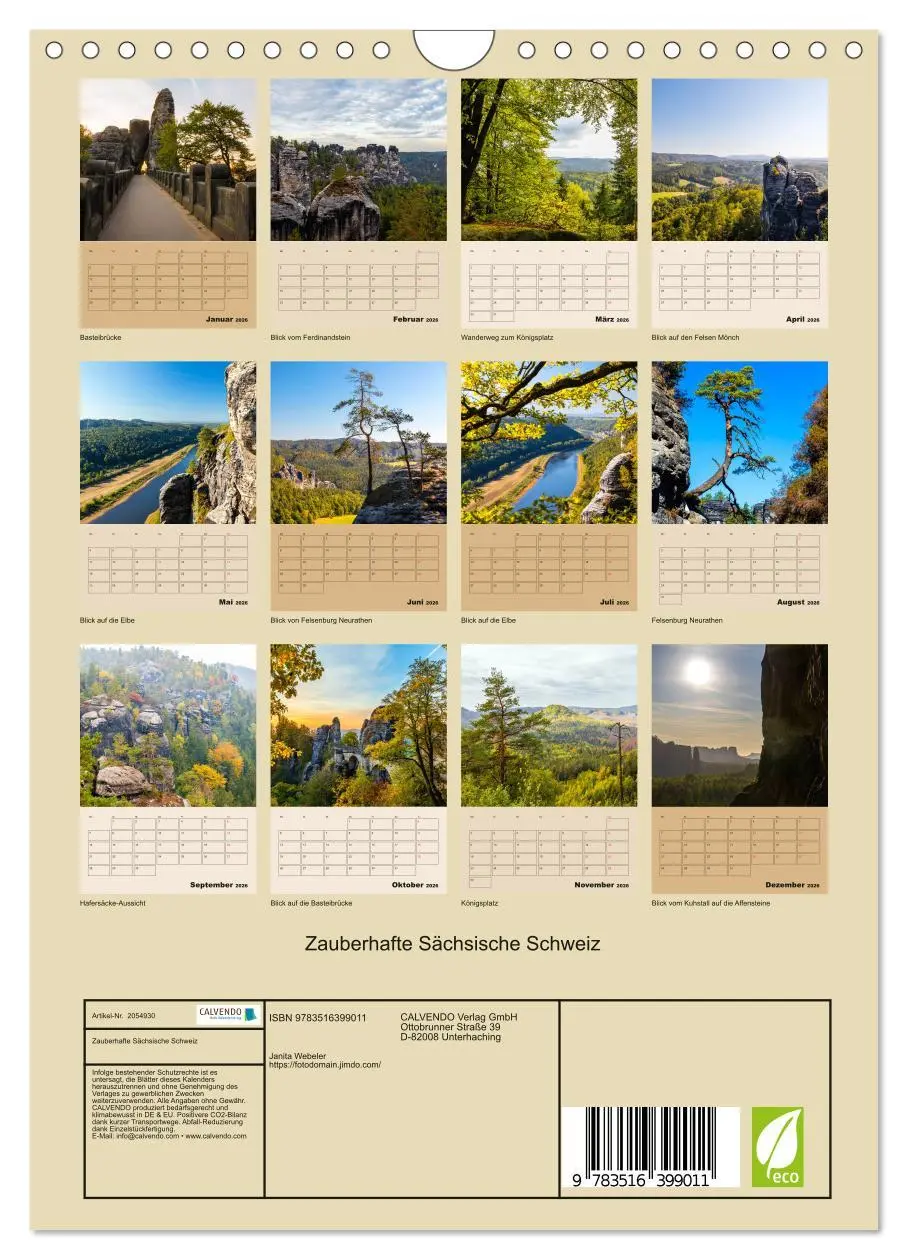 Bild: 9783516399011 | Zauberhafte Sächsische Schweiz (Wandkalender 2026 DIN A4 hoch),...