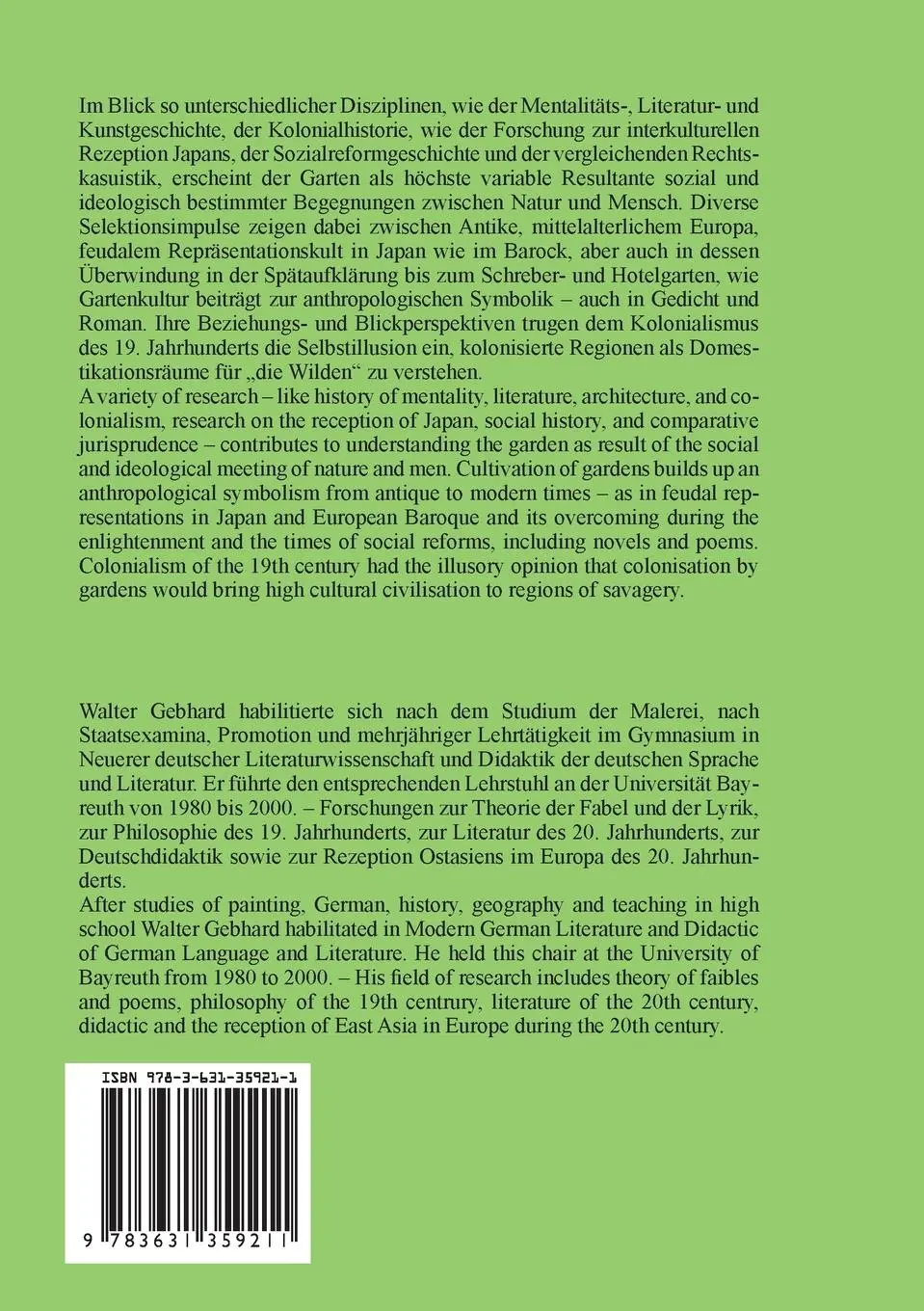 Rückseite: 9783631359211 | Sozialgeschichtliche Aspekte des Gartens- Gardens in Social History