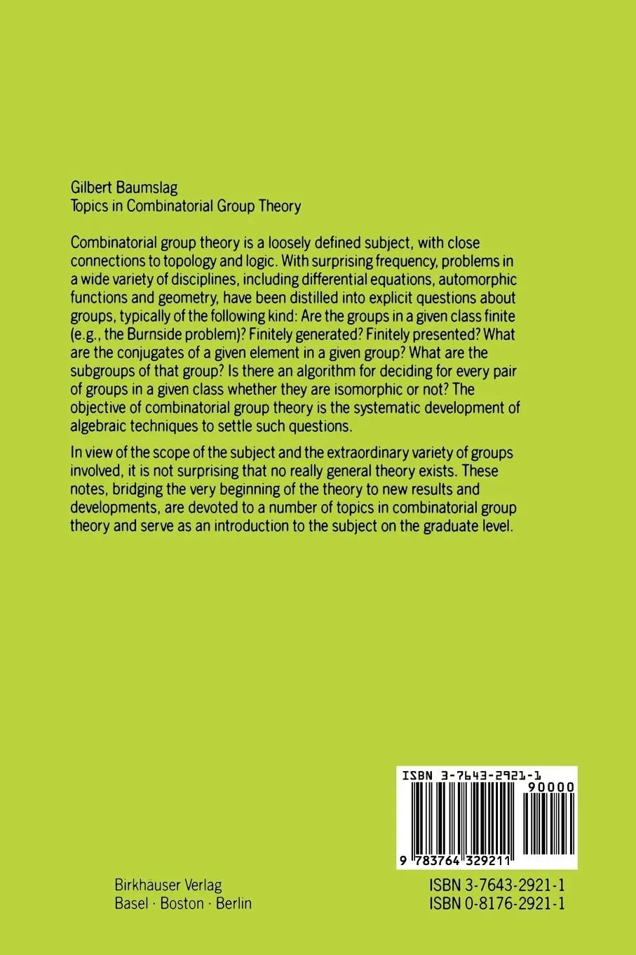 Rückseite: 9783764329211 | Topics in Combinatorial Group Theory | Gilbert Baumslag | Taschenbuch Rückseite: 9783764329211 | Topics in Combinatorial Group Theory | Gilbert Baumslag | Taschenbuch