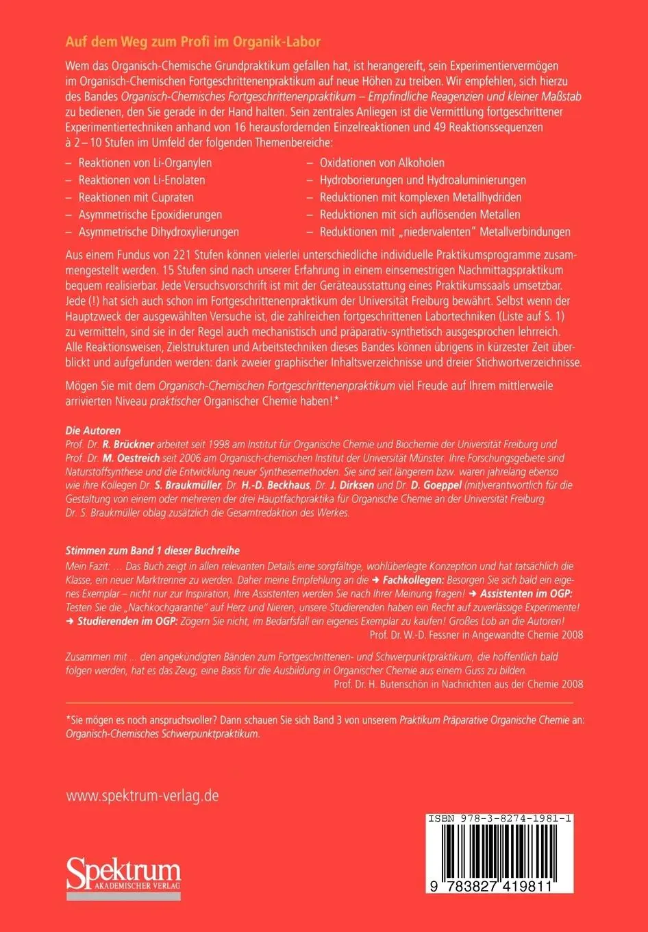 Rückseite: 9783827419811 | Praktikum Präparative Organische Chemie | Reinhard Brückner (u. a.)