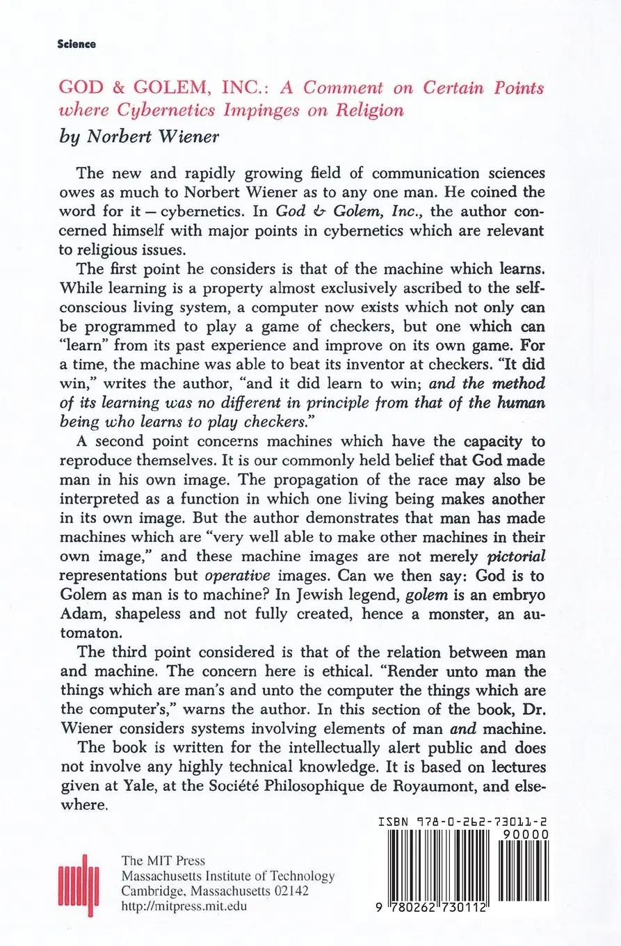 Rückseite: 9780262730112 | God &amp; Golem, Inc. | Norbert Wiener | Taschenbuch | Englisch