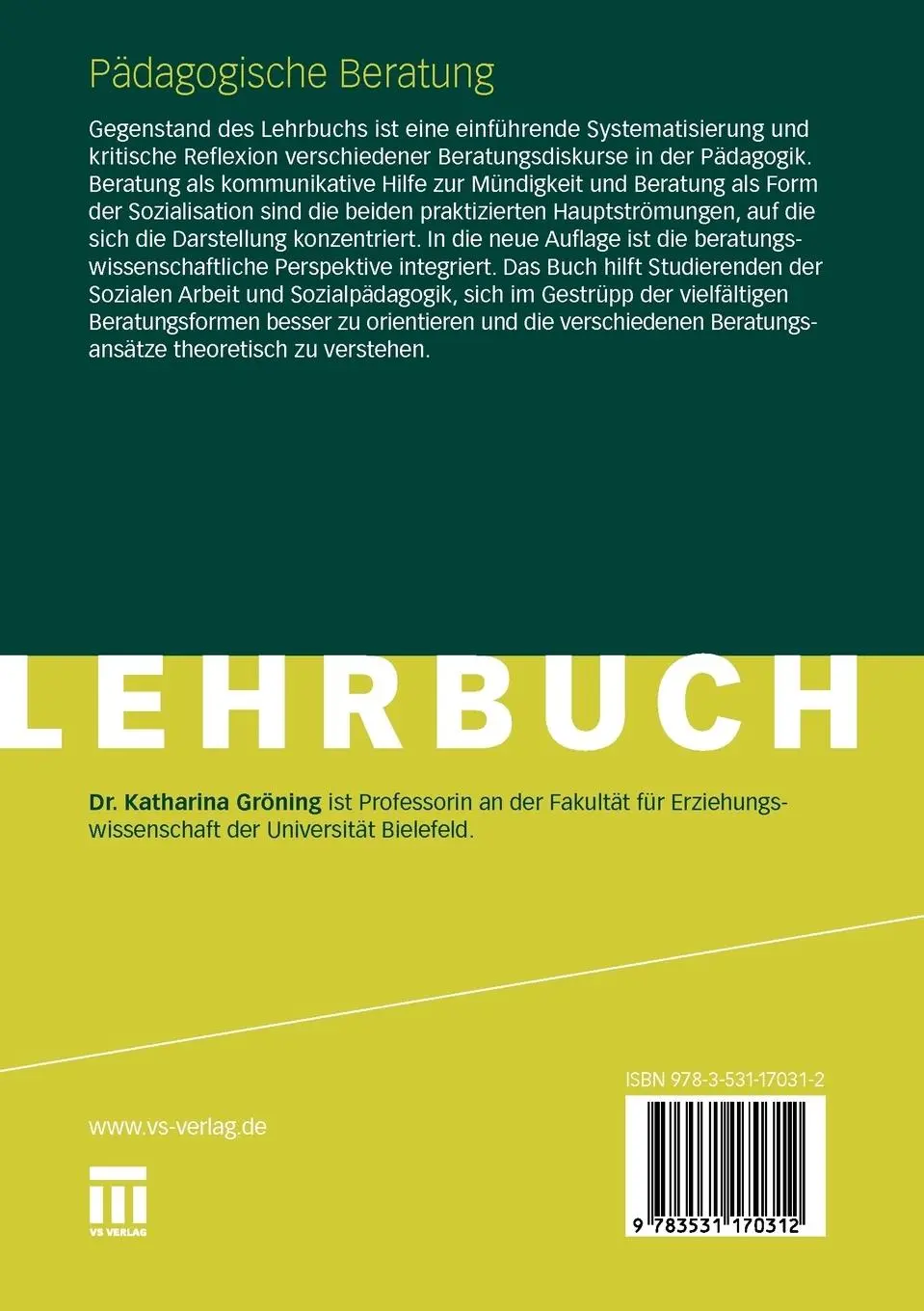 Rückseite: 9783531170312 | Pädagogische Beratung | Konzepte und Positionen | Katharina Gröning