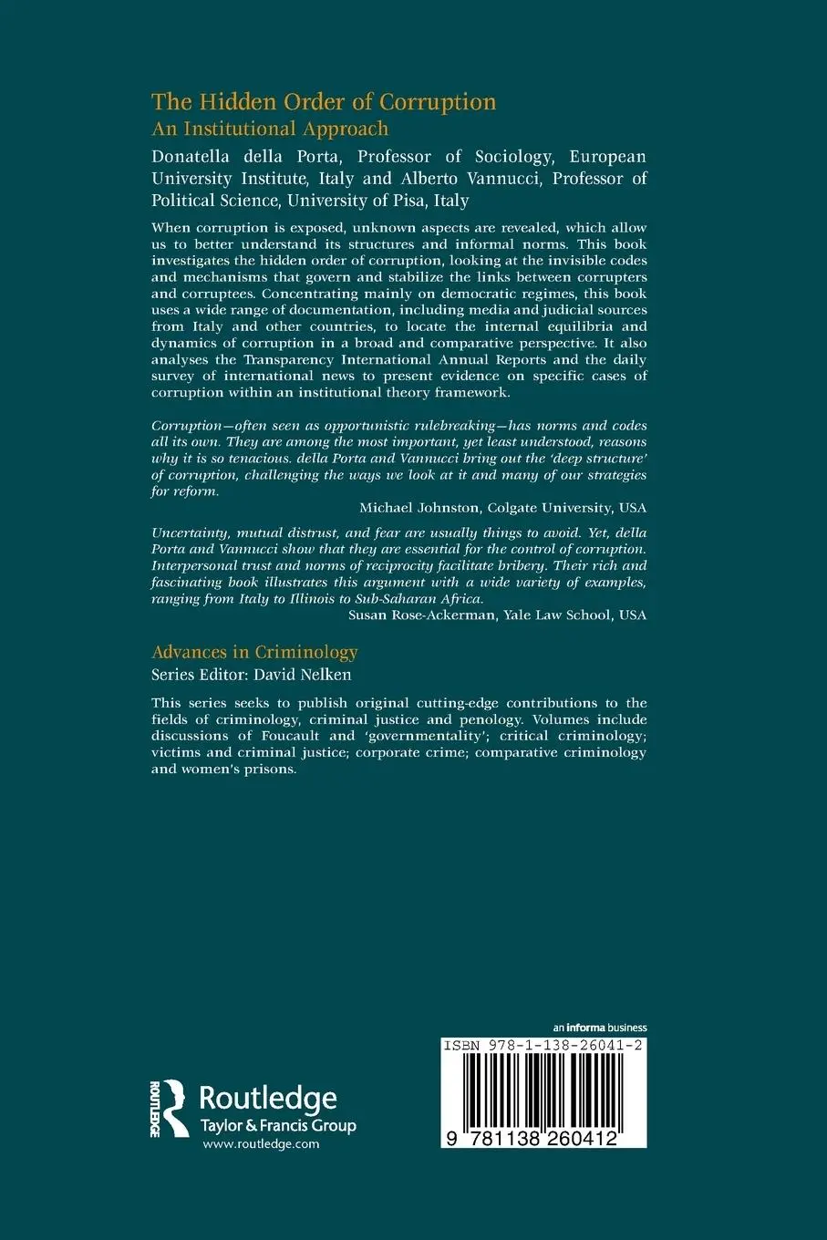 Rückseite: 9781138260412 | The Hidden Order of Corruption | An Institutional Approach | Buch