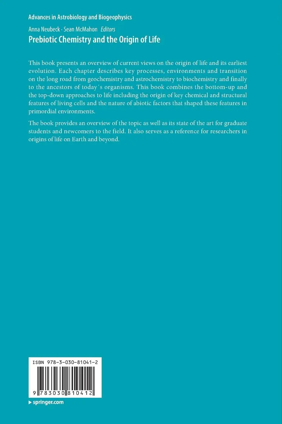 Rückseite: 9783030810412 | Prebiotic Chemistry and the Origin of Life | Anna Neubeck (u. a.)