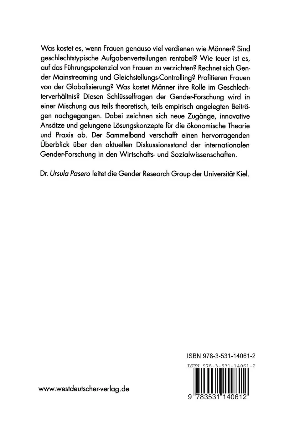 Rückseite: 9783531140612 | Gender - from Costs to Benefits | Ursula Pasero | Taschenbuch | 298 S.