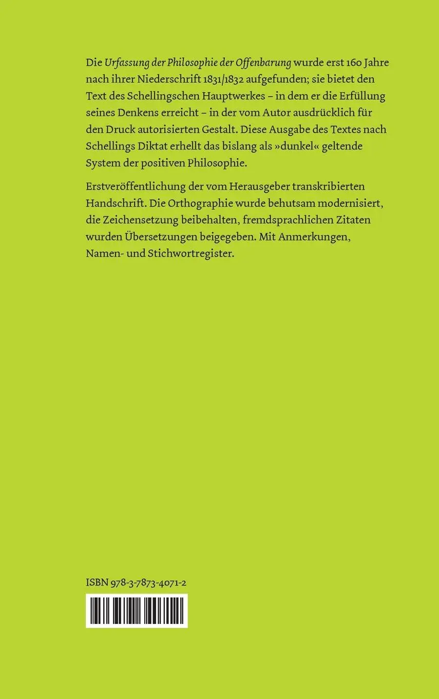 Rückseite: 9783787340712 | Urfassung der Philosophie der Offenbarung | Schelling | Buch | 804 S.