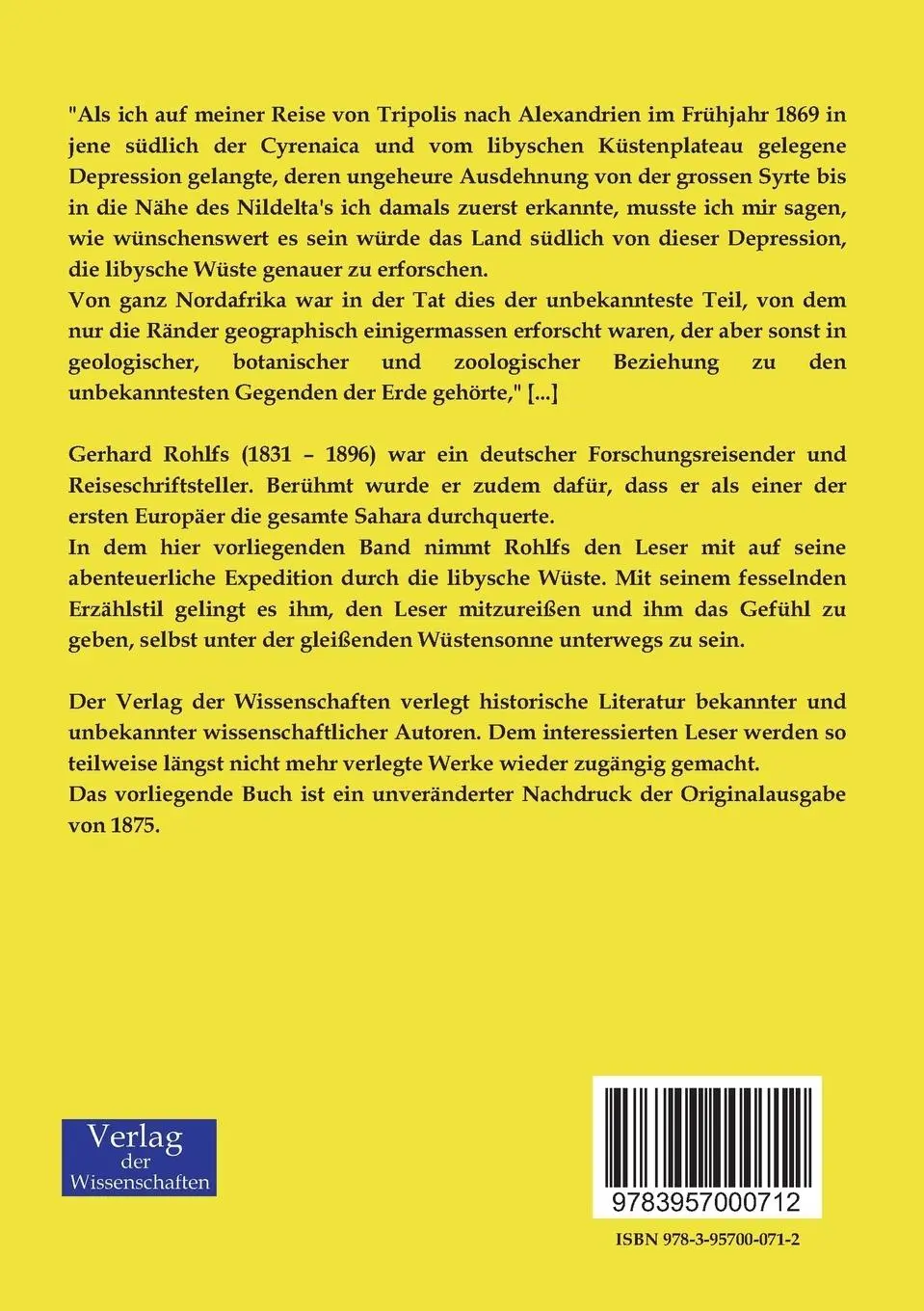 Rückseite: 9783957000712 | Drei Monate in der libyschen Wüste | Gerhard Rohlfs | Taschenbuch