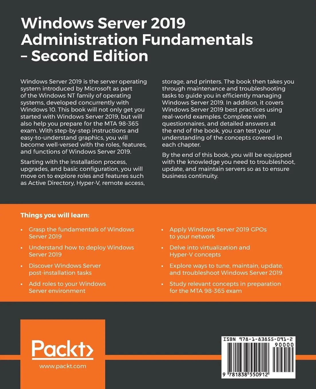 Rückseite: 9781838550912 | Windows Server 2019 Administration Fundamentals - Second Edition