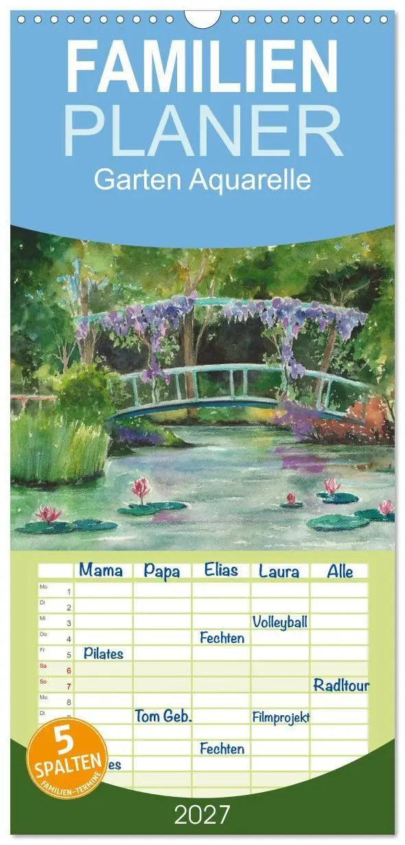 Cover: 9783594340912 | Familienplaner 2027 - Garten Aquarelle mit 5 Spalten (Wandkalender,...