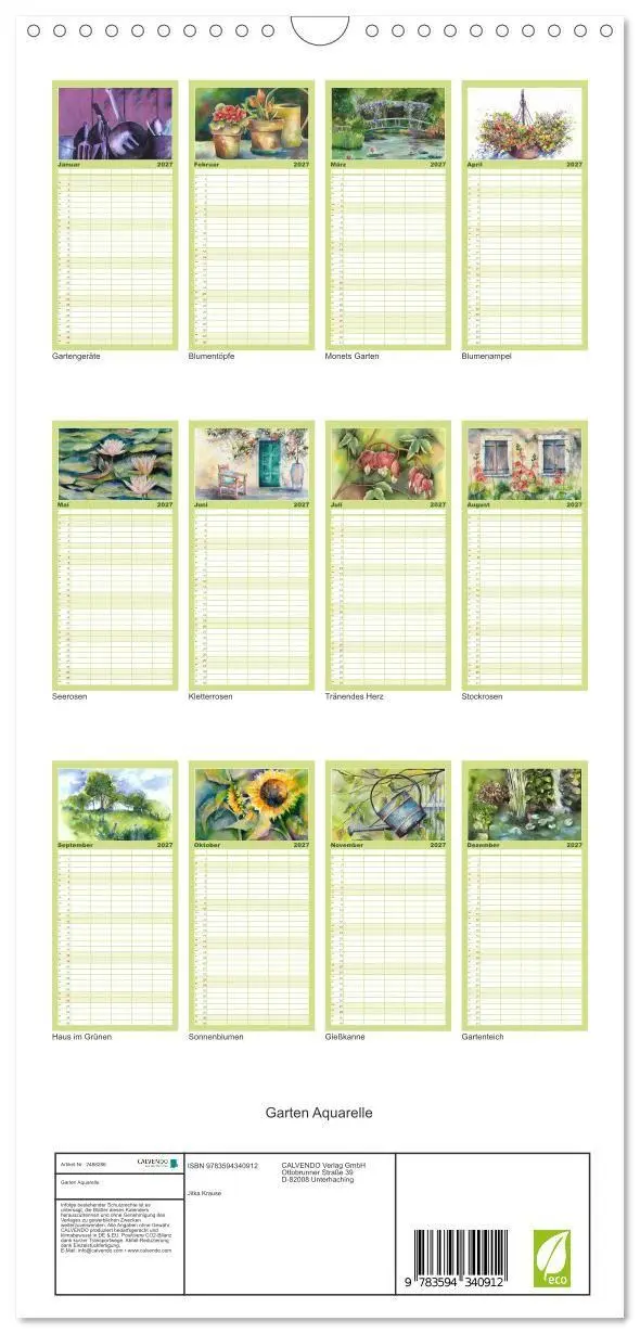 Bild: 9783594340912 | Familienplaner 2027 - Garten Aquarelle mit 5 Spalten (Wandkalender,...