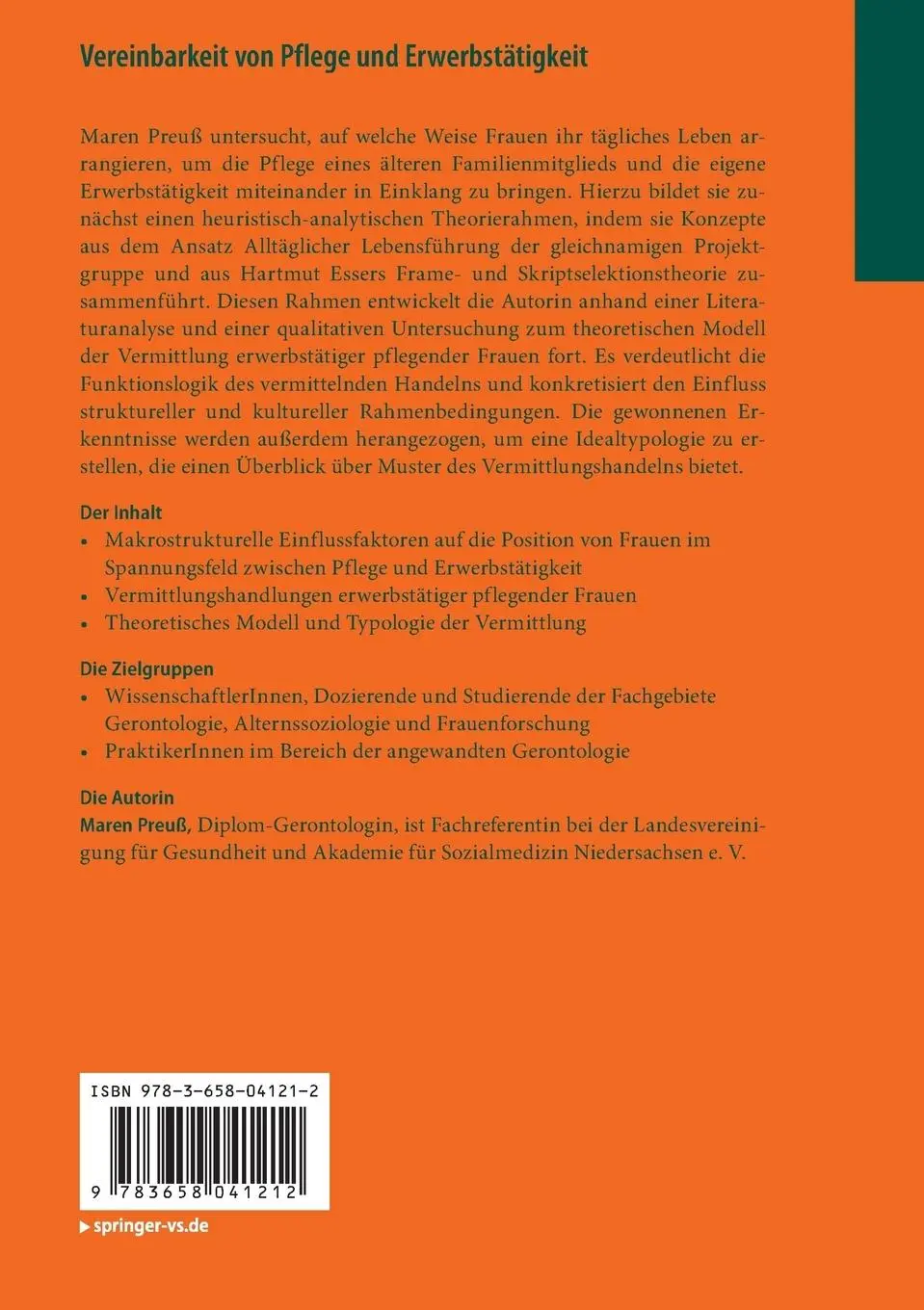 Rückseite: 9783658041212 | Vereinbarkeit von Pflege und Erwerbstätigkeit | Maren Preuß | Buch