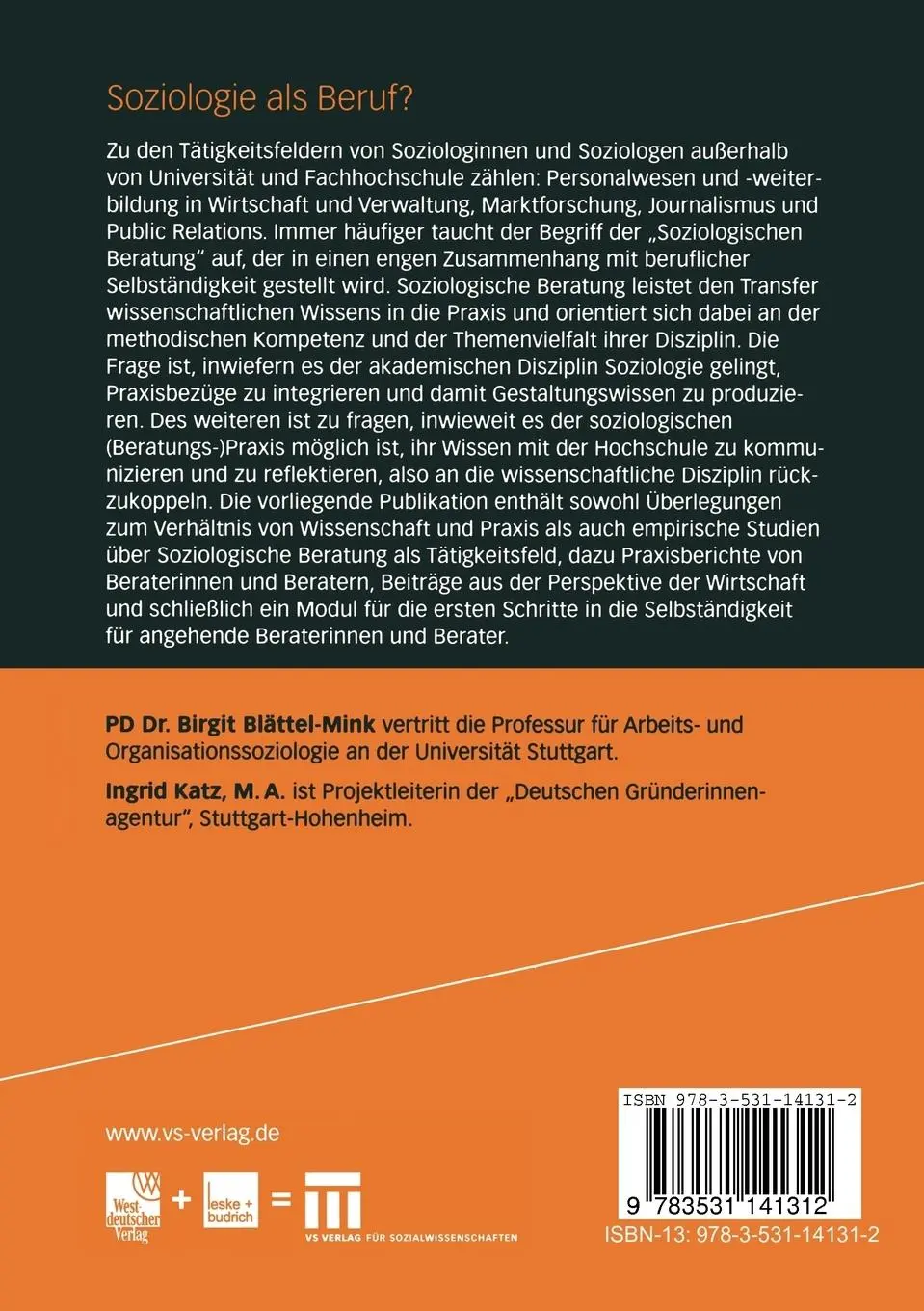 Rückseite: 9783531141312 | Soziologie als Beruf? | Ingrid Katz (u. a.) | Taschenbuch | 265 S.