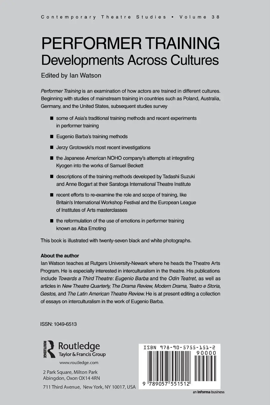 Rückseite: 9789057551512 | Performer Training | Developments Across Cultures | Ian Watson | Buch