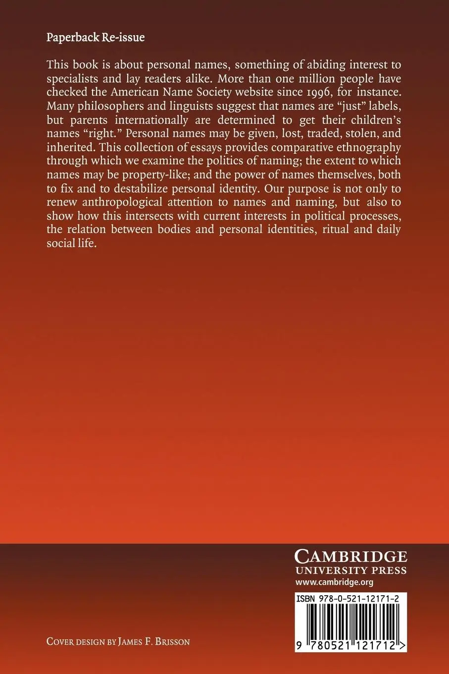 Rückseite: 9780521121712 | An Anthropology of Names and Naming | Gabriele Vom Bruck (u. a.)