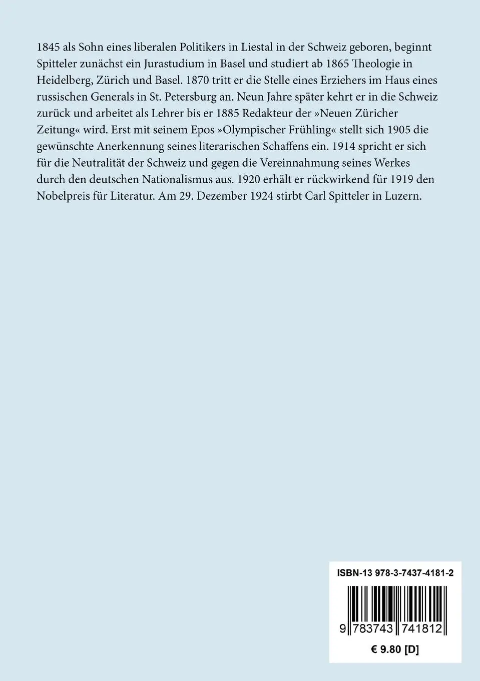 Rückseite: 9783743741812 | Prometheus und Epimetheus | Ein Gleichnis | Carl Spitteler | Buch