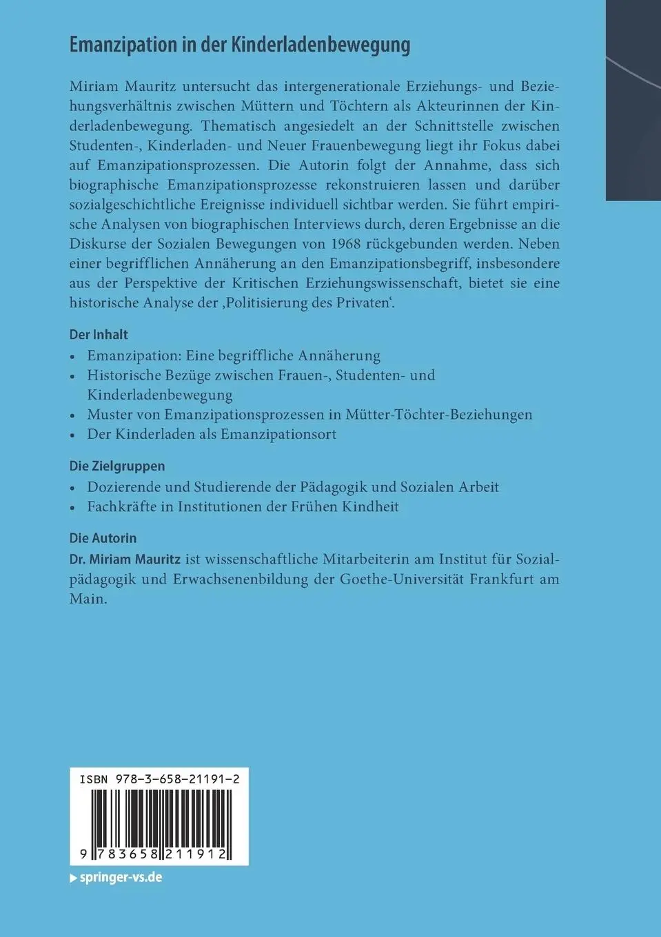 Rückseite: 9783658211912 | Emanzipation in der Kinderladenbewegung | Miriam Mauritz | Taschenbuch