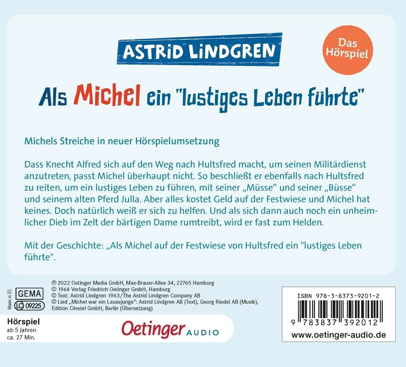 Rückseite: 9783837392012 | Als Michel ein "lustiges Leben führte" | Das Hörspiel | Lindgren | CD