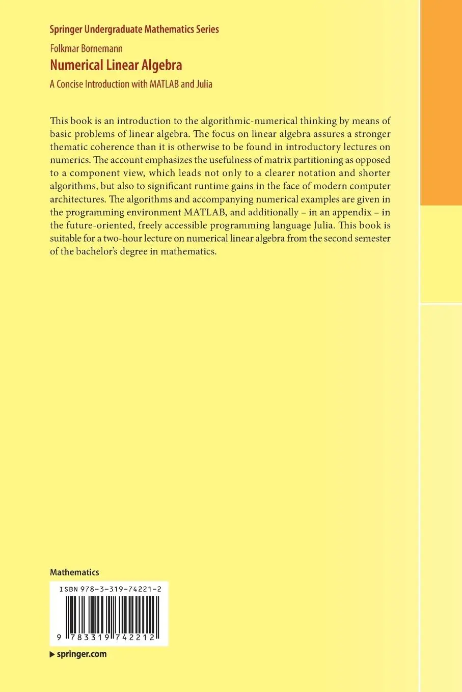 Rückseite: 9783319742212 | Numerical Linear Algebra | Folkmar Bornemann | Taschenbuch | x | 2018