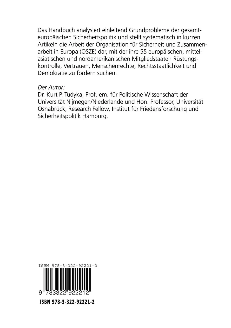 Rückseite: 9783322922212 | Das OSZE-Handbuch | Kurt P Tudyka | Taschenbuch | 251 S. | Deutsch