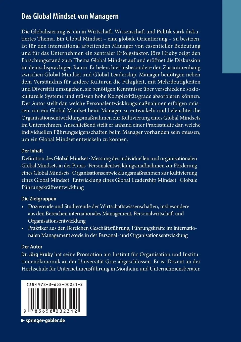 Rückseite: 9783658002312 | Das Global Mindset von Managern | Jörg Hruby | Taschenbuch | xxiv