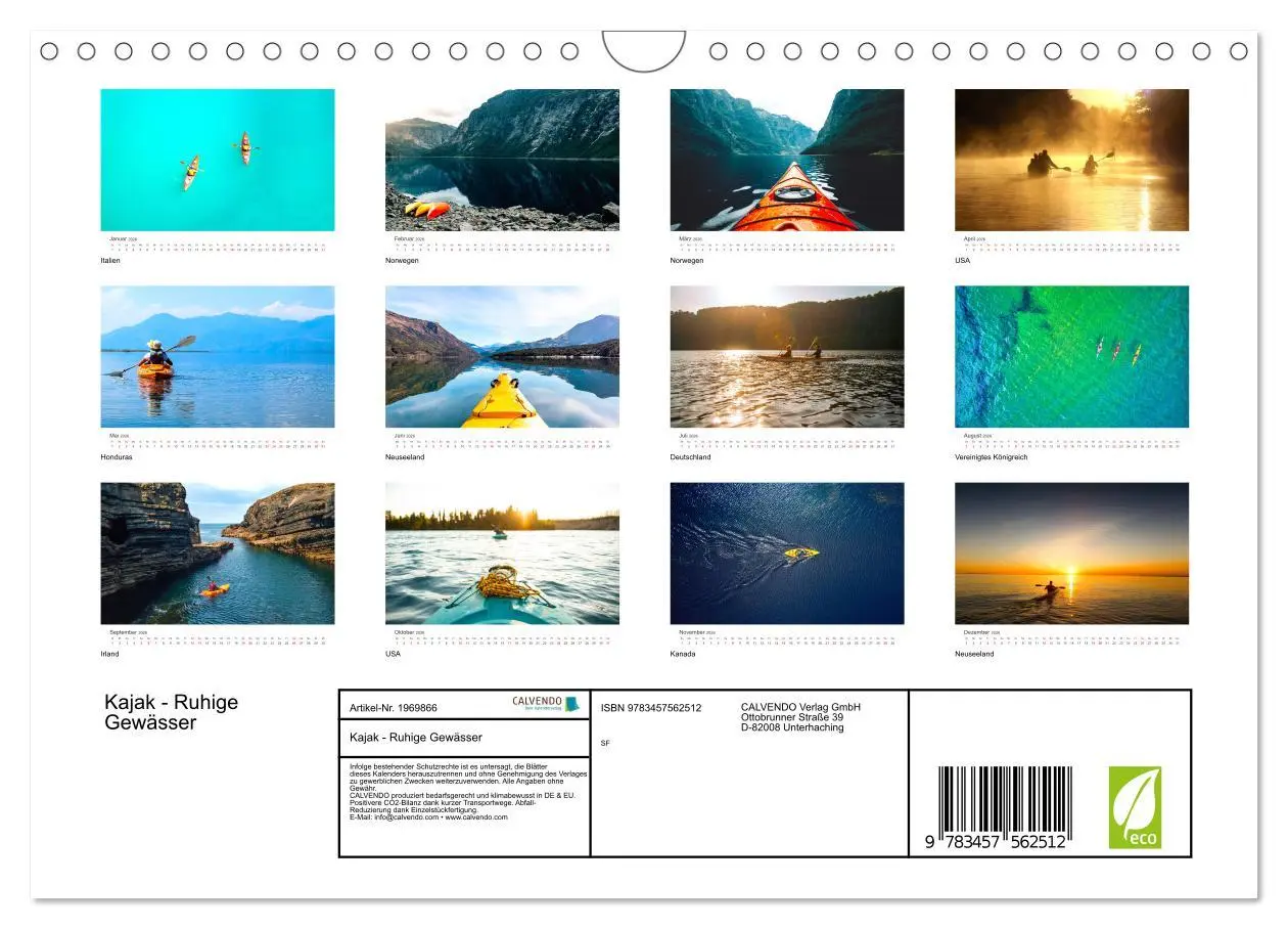 Bild: 9783457562512 | Kajak - Ruhige Gewässer (Wandkalender 2026 DIN A4 quer), CALVENDO...