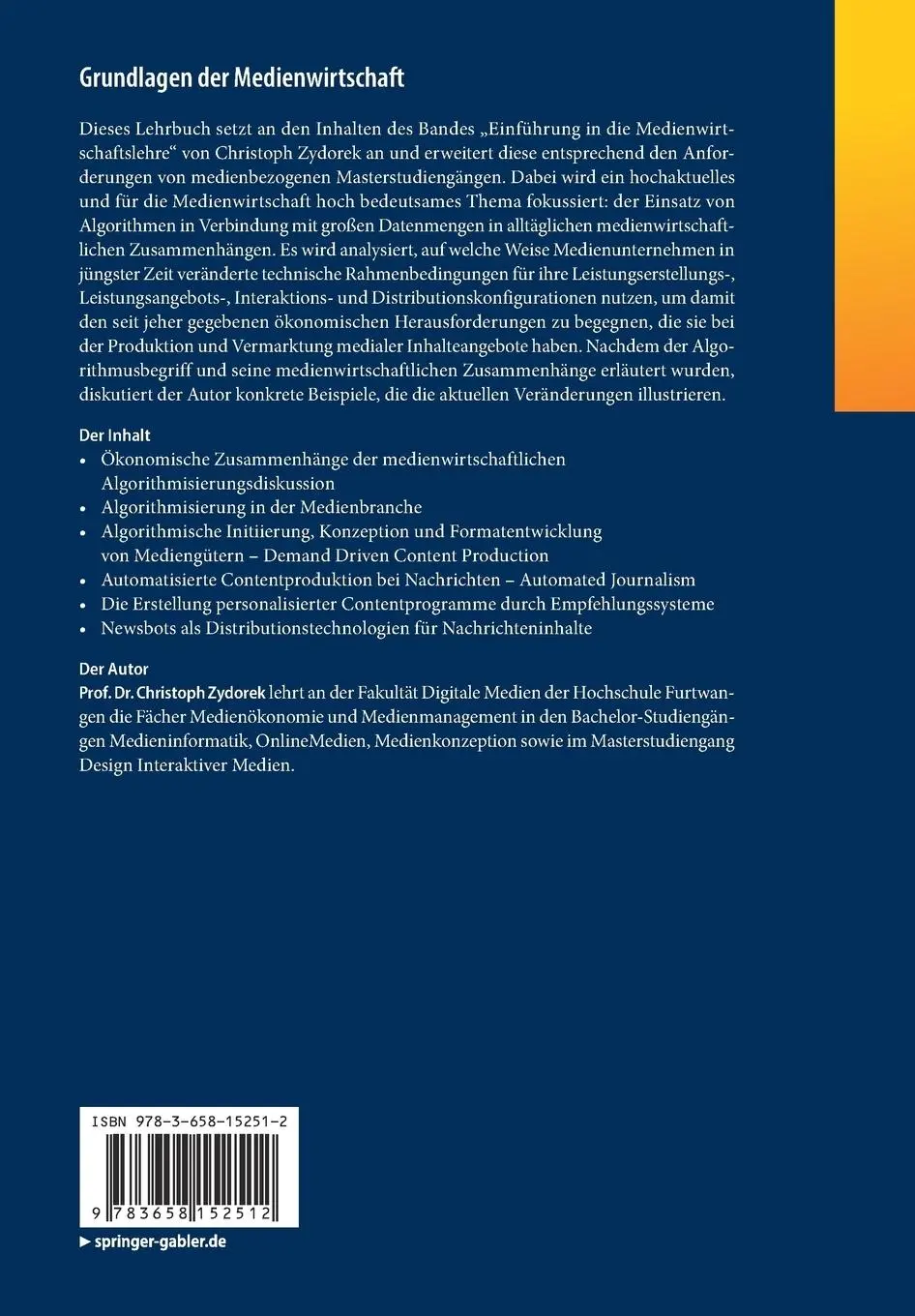 Rückseite: 9783658152512 | Grundlagen der Medienwirtschaft | Algorithmen und Medienmanagement