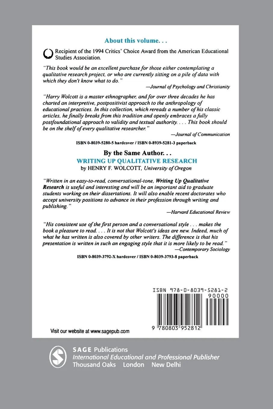Rückseite: 9780803952812 | Transforming Qualitative Data | Harry F. Wolcott | Taschenbuch | 1994