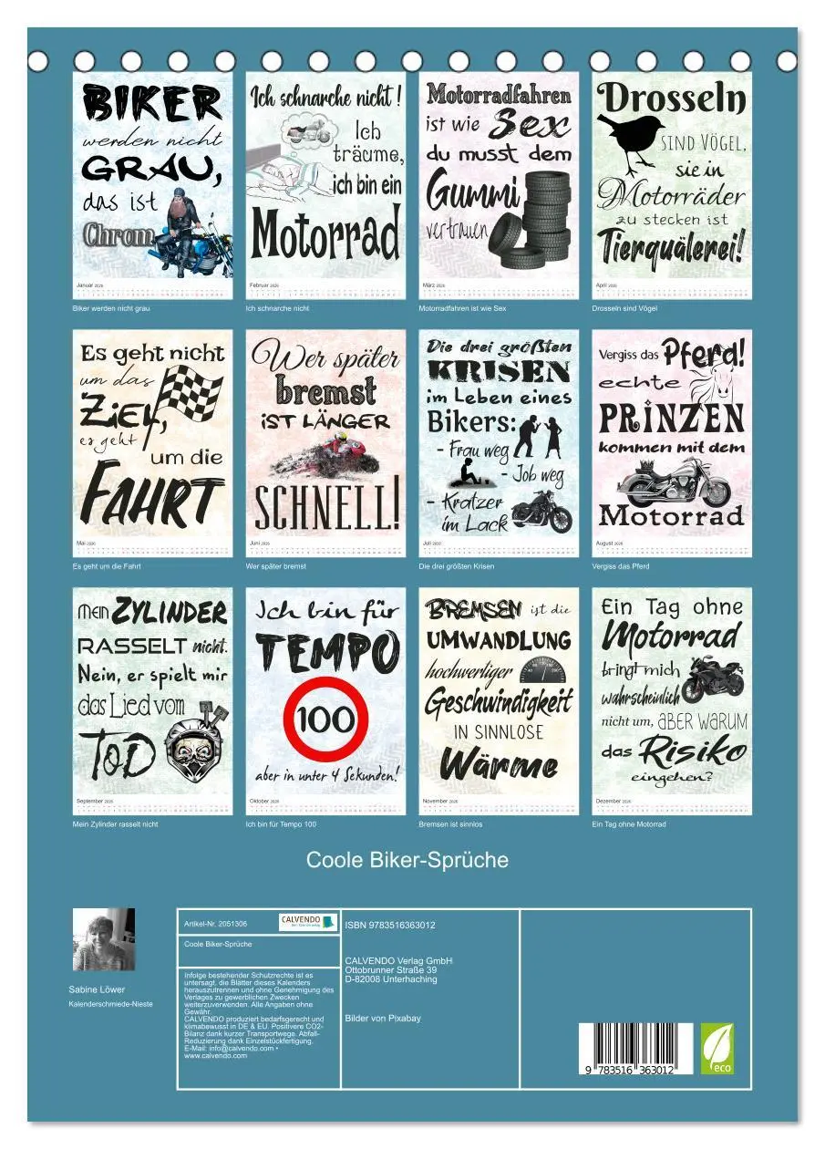 Bild: 9783516363012 | Coole Biker-Sprüche (Tischkalender 2026 DIN A5 hoch), CALVENDO...