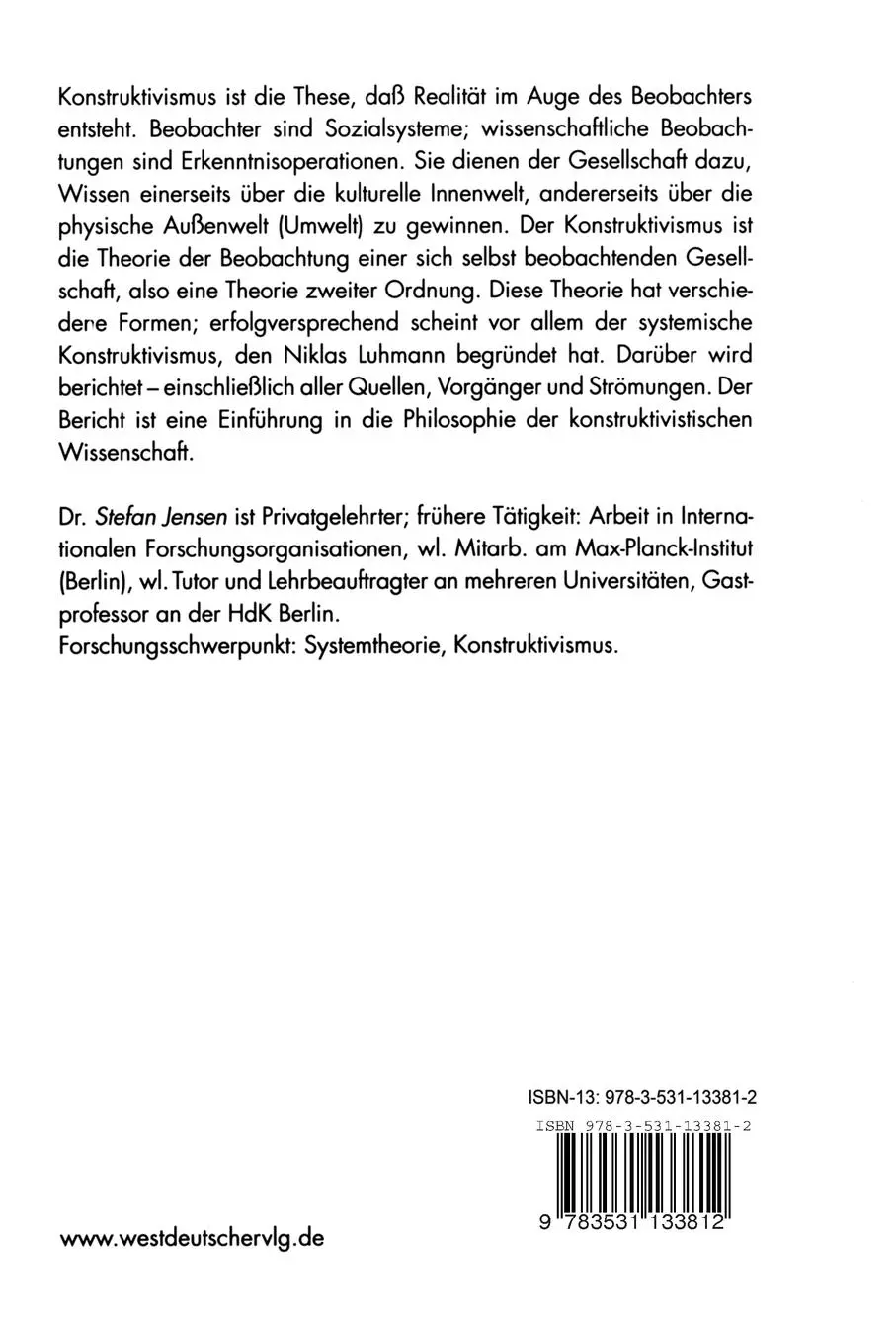 Rückseite: 9783531133812 | Erkenntnis - Konstruktivismus - Systemtheorie | Stefan Jensen | Buch