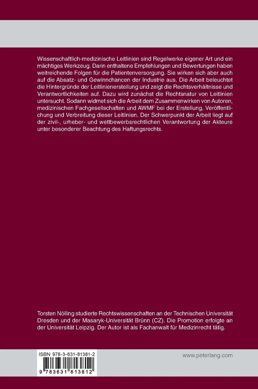 Rückseite: 9783631813812 | Medizinische Leitlinien | Torsten Nölling | Buch | 372 S. | Deutsch